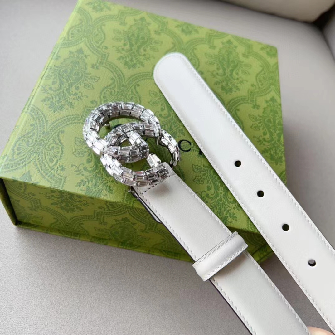 Gucci Unisex GG Marmont Thin Belt Crystals White Leather Double G Buckle 3 CM Width
