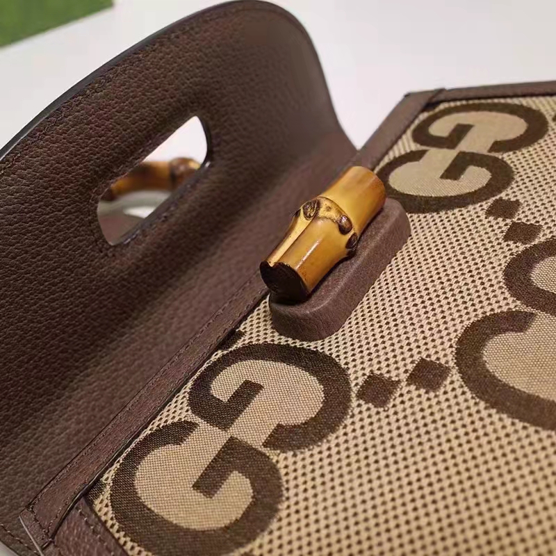 Gucci Women Bamboo 1947 Jumbo GG Mini Bag Brown Camel Ebony Canvas