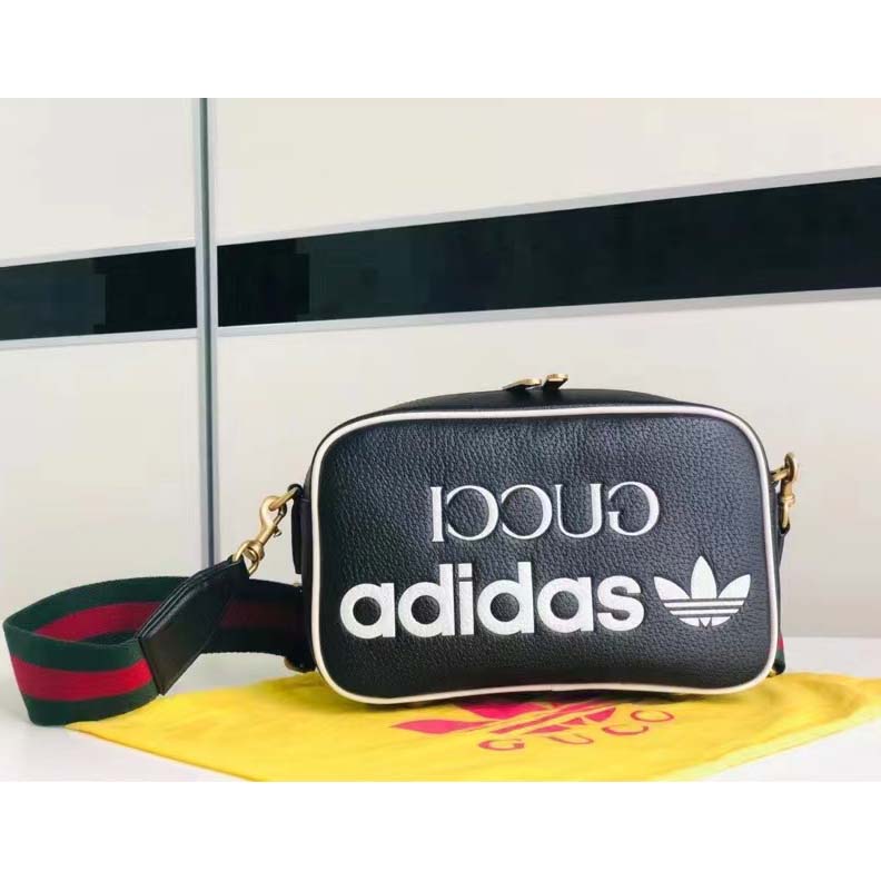 Gucci Unisex GG Adidas x Gucci Small Shoulder Bag Black Leather Green Red Web