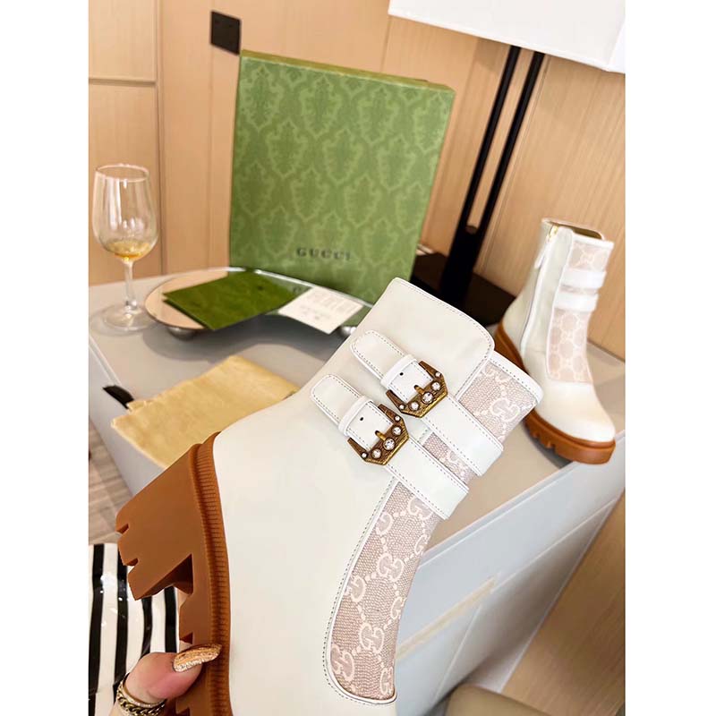 Gucci Women GG Ankle Boot Buckles White Leather Rubber Sole Mid-Heel