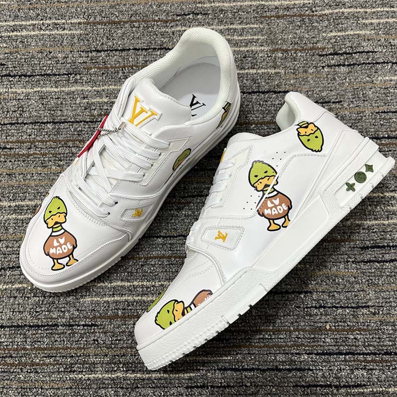 Louis Vuitton Unisex LV Trainer Sneaker White Printed Calf Leather Rubber Monogram Flowers