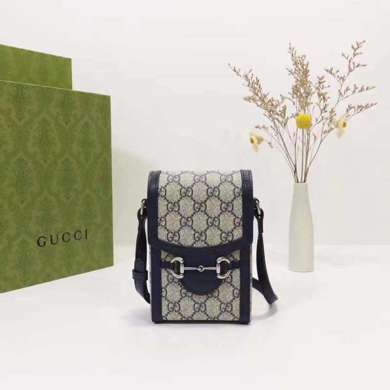 Gucci Unisex Horsebit 1955 Mini Bag Beige Blue GG Supreme Canvas