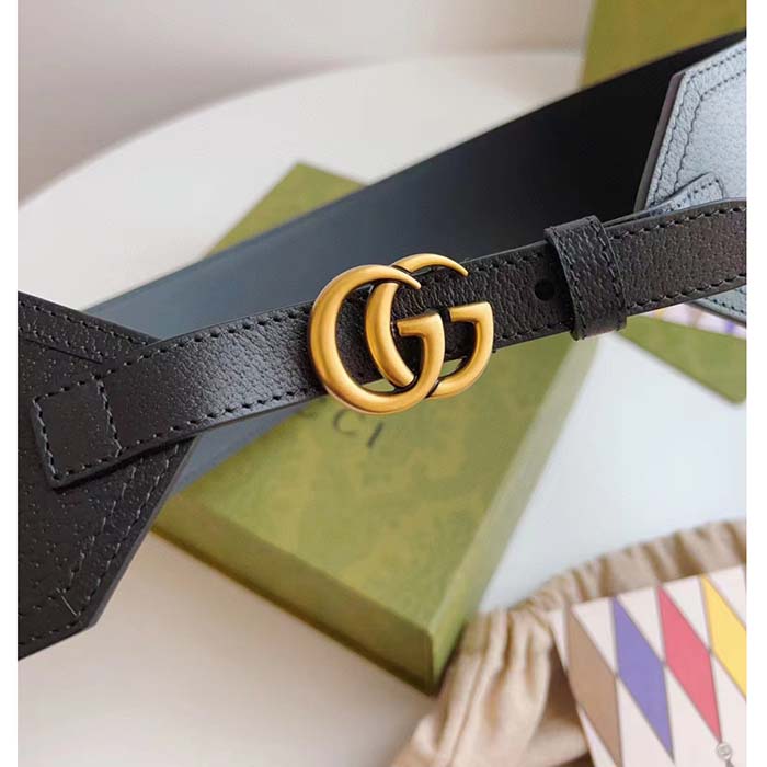 Gucci Unisex GG Marmont Wide Belt Black Leather Double G 6.9 CM Width