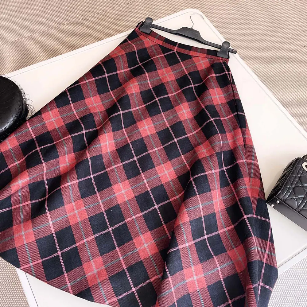 Dior Women Flared Mid-Length Skirt Pink Gray and White Check’n’Dior Virgin Wool