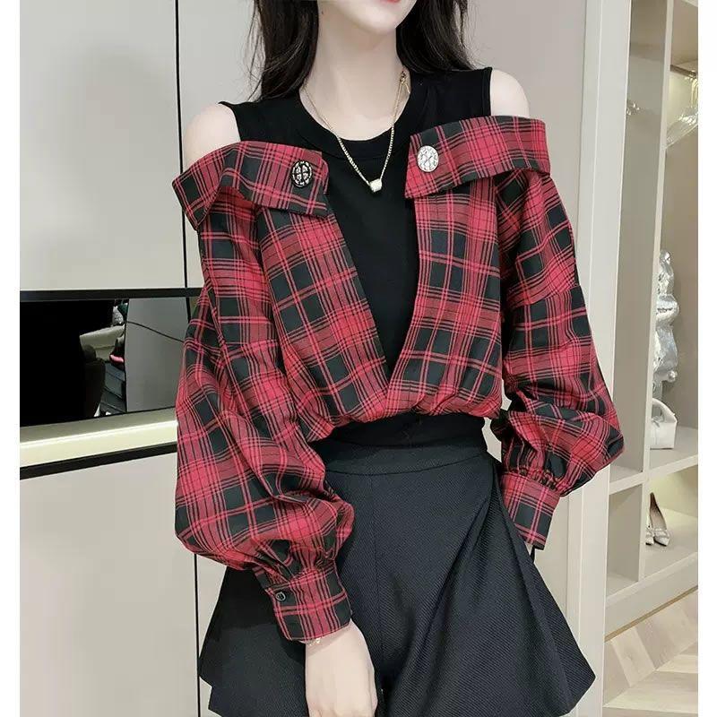 New Fashion Leak Shoulder Plaid Fake Two-piece Shirt 1024050705