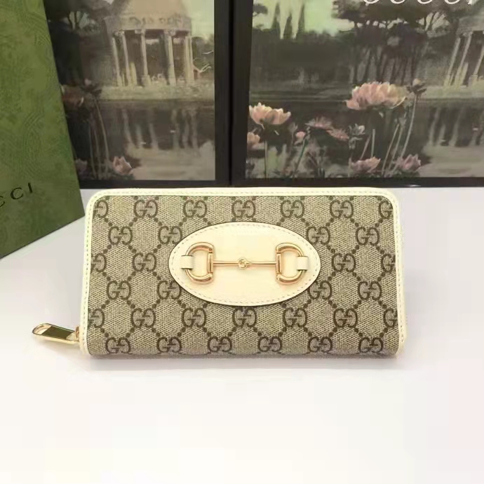 Gucci Unisex 1955 Horsebit Zip Around Wallet Beige Ebony GG Supreme Canvas