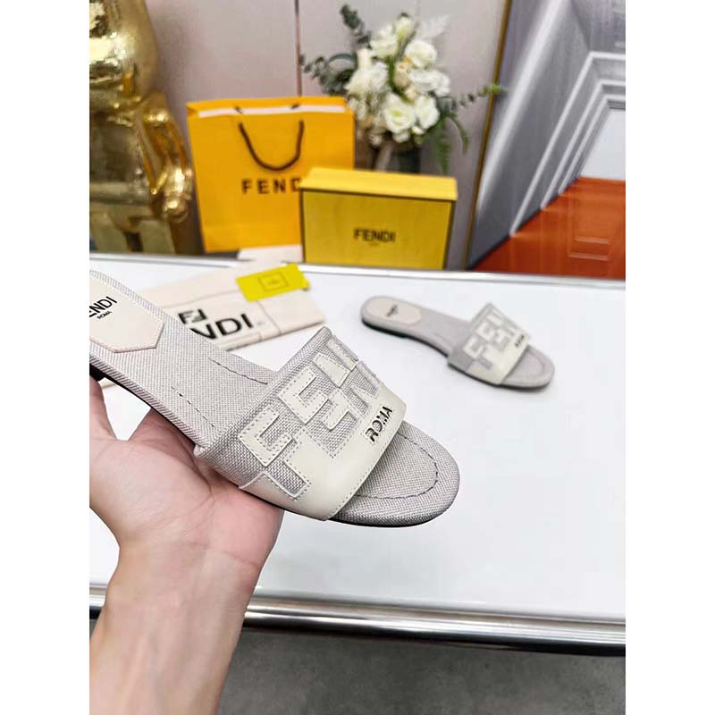Fendi Women FF Signature Canvas White Leather Slides 1 Cm Heel
