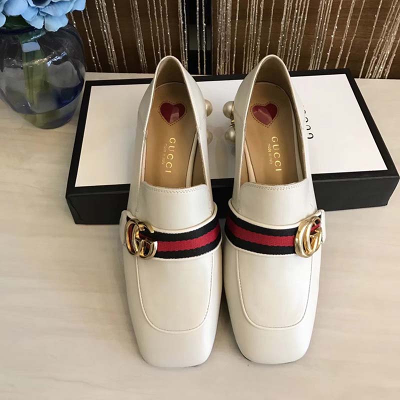 Gucci Women Leather Mid-Heel Loafer with Blue and Red Web-White