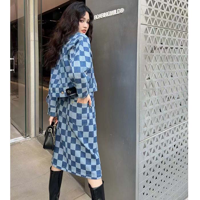 Louis Vuitton Women LV Damier Denim Skirt Cotton Blue Regular Fit 1AFGP2