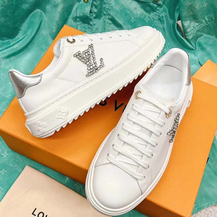 Louis Vuitton Unisex LV Time Out Sneaker Silver Calf Leather Strass Monogram Flowers