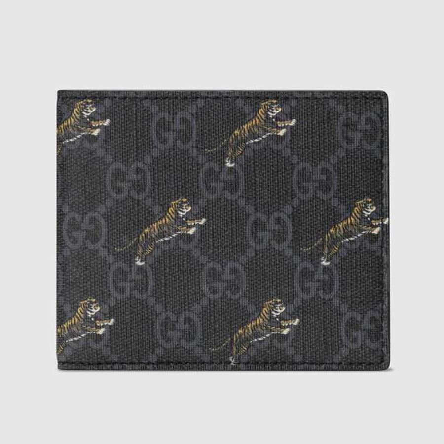 Gucci GG Men GG Wallet with Tiger Print in Black/Grey GG Supreme Canvas