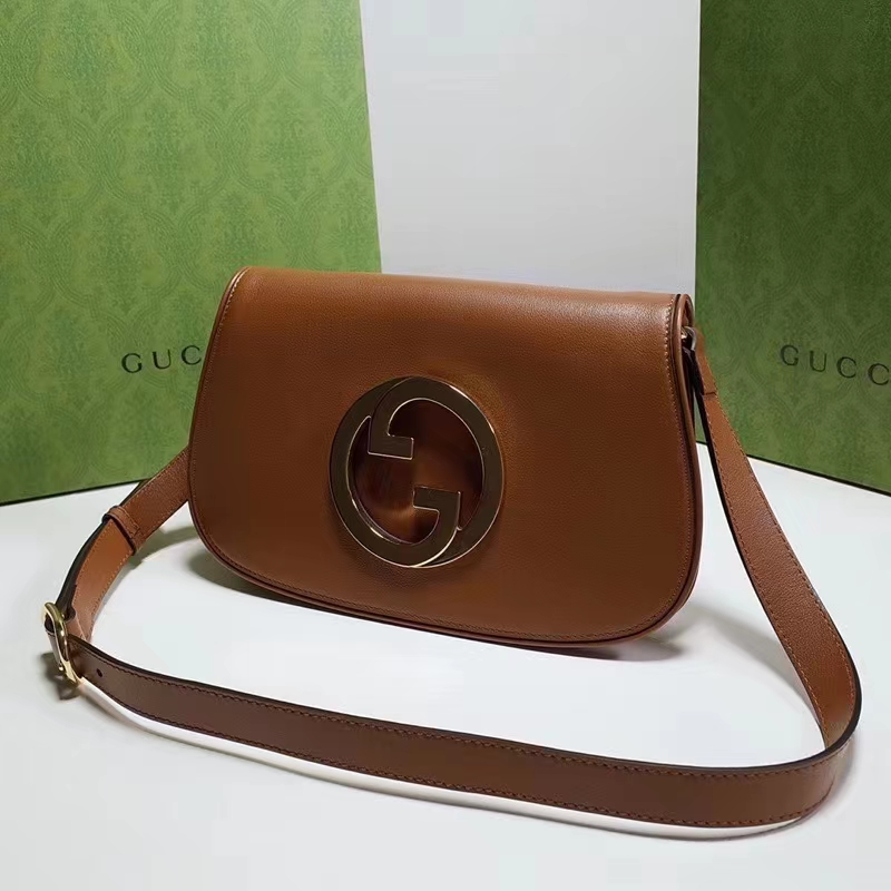 Gucci Women GG Blondie Shoulder Bag Brown Leather Round Interlocking G