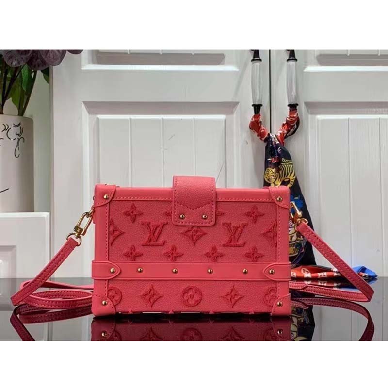 Louis Vuitton LV Women Petite Malle Handbag Fluo Pink Tufted Grained Calfskin Leather