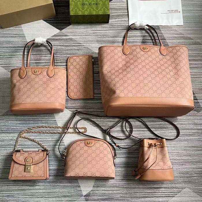 Gucci Women Ophidia Mini GG Bucket Bag Pink Canvas Leather Drawstring Closure