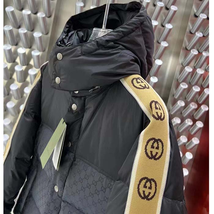 Gucci Women GG Jacquard Nylon Quilted Coat Down Goose Feather Black Knit Rib Nylon Lining