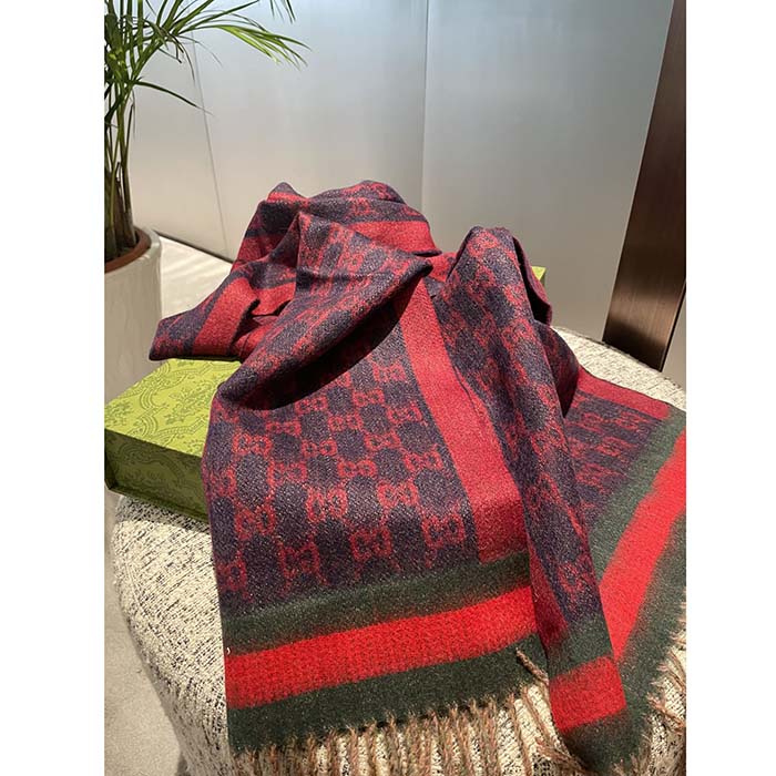 Gucci Unisex GG Jacquard Cotton Stole Red Blue Fringe