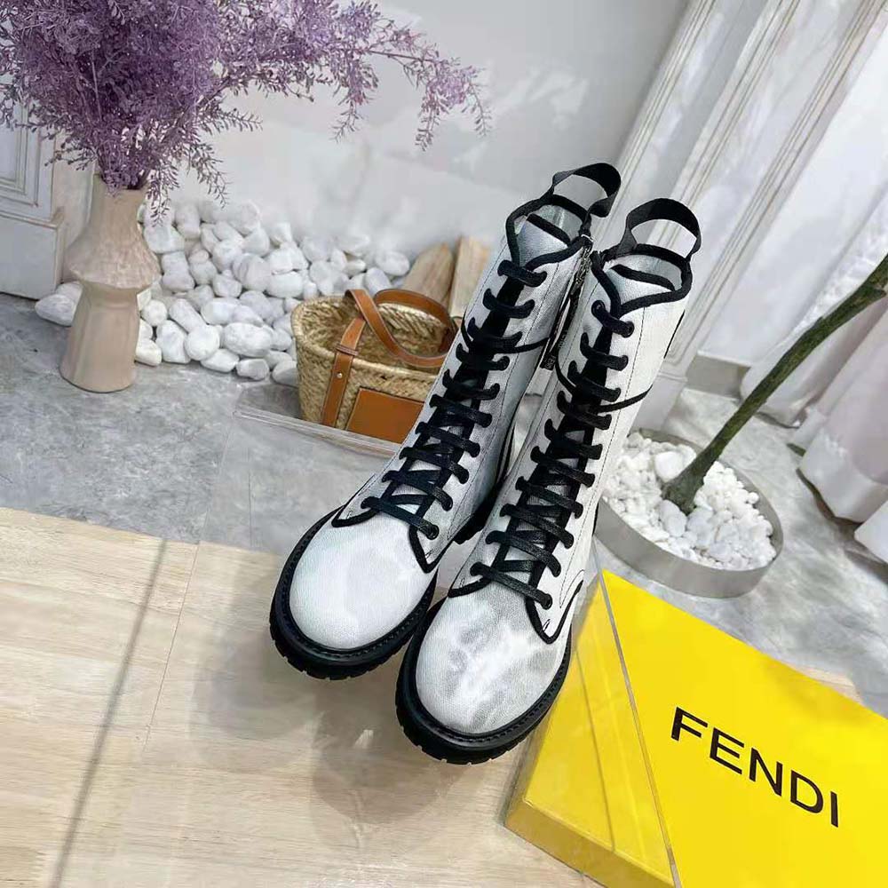 Fendi Women Signature Gray Canvas Biker Boots