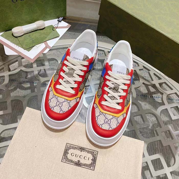 Gucci Unisex Sneaker Beige Blue GG Supreme Canvas Interlocking G 5.6 Cm Heel