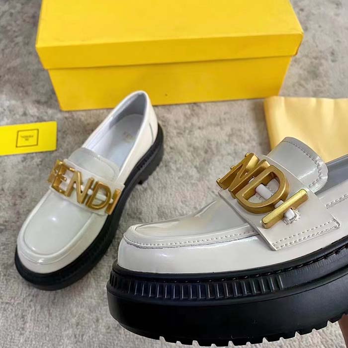 Fendi Women FF Fendigraphy White Leather Loafers 5 Cm Heel