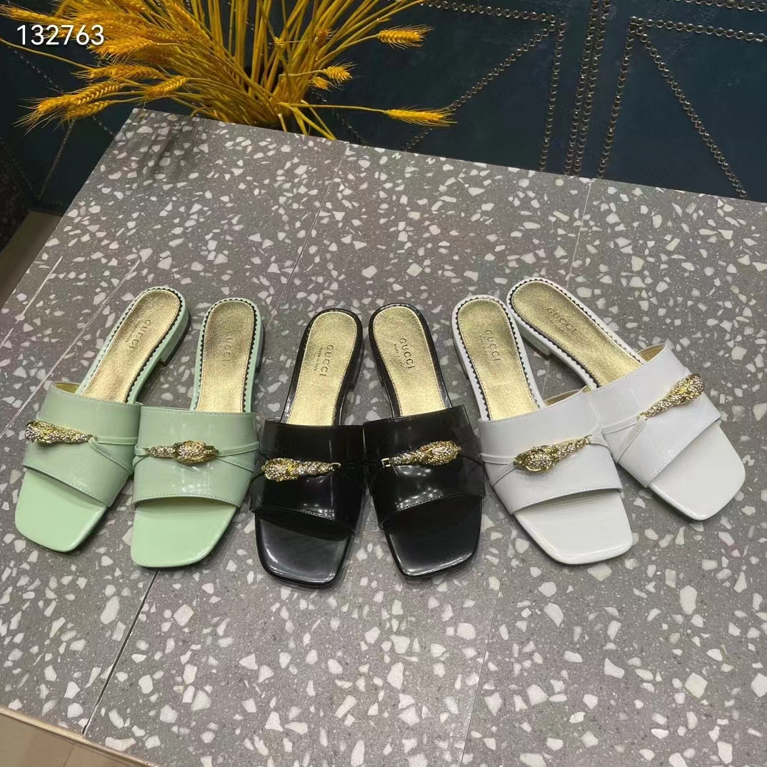 Gucci Women GG Slide Sandal Tiger Head Light Green Leather Flat