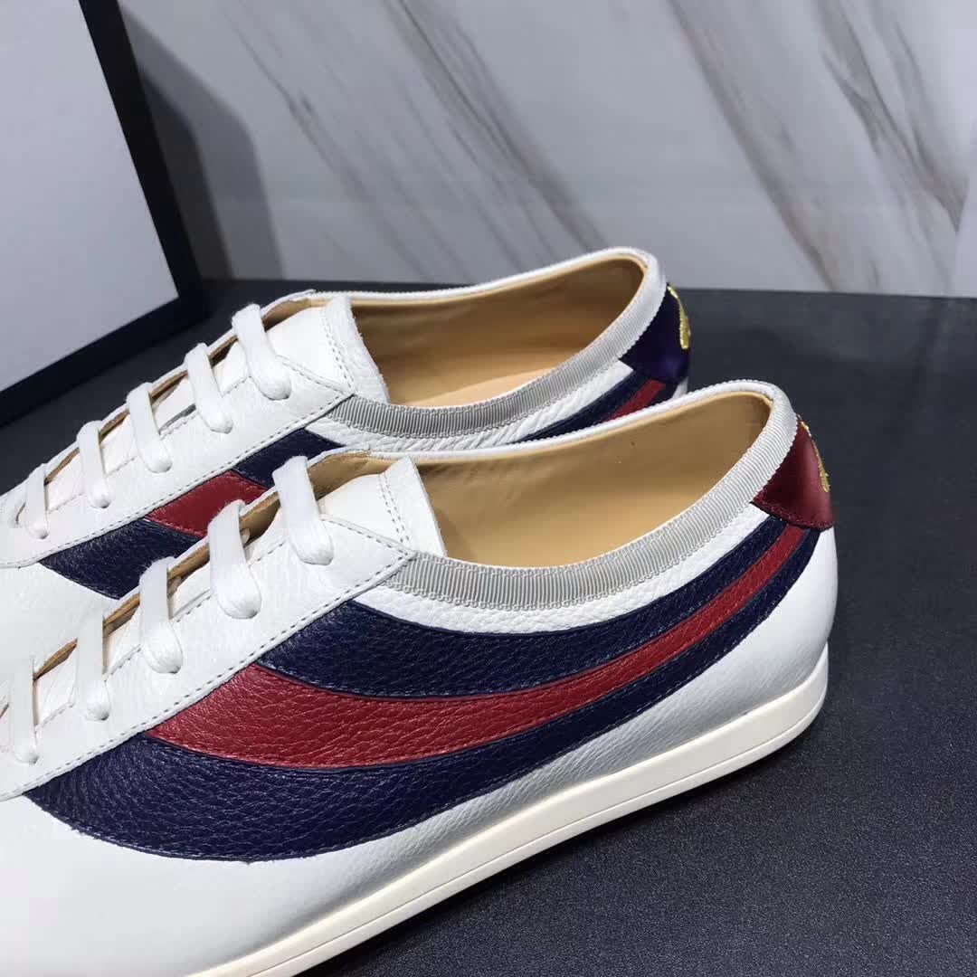Gucci Men Leather Low-Top Sneaker Shoes with Web Stripe-White