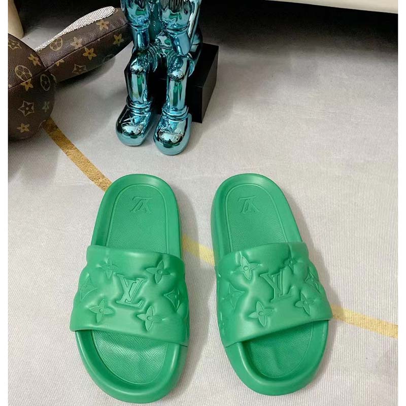 Louis Vuitton LV Unisex Waterfront Mule Green Monogram Embossed Rubber Waterproof