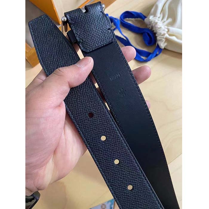 Louis Vuitton Unisex Pont Neuf 35 MM Width Black Taiga Calf Leather Brass Buckle