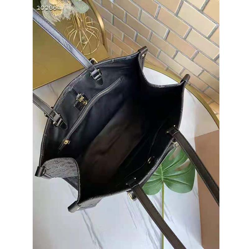 Louis Vuitton Women Onthego MM Tote Bag Black Embossed Grained Cowhide