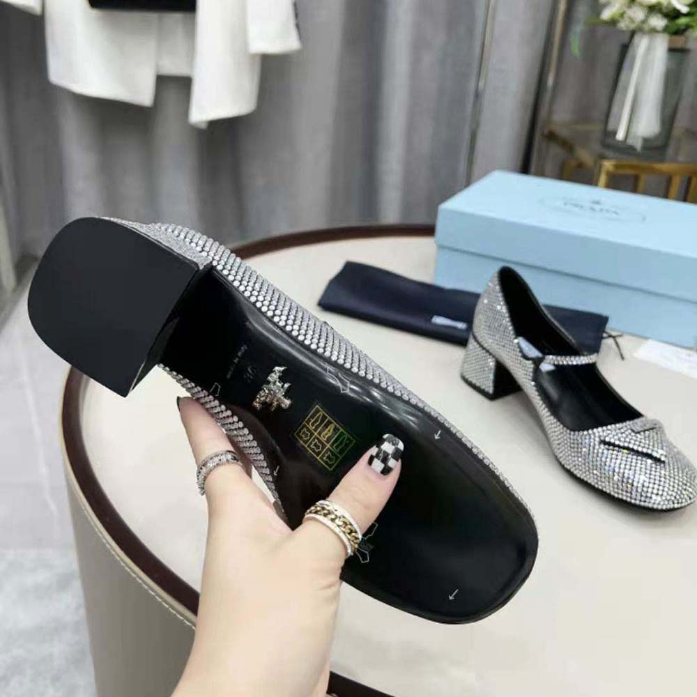 Prada Women Satin Pumps with Crystals in 45mm Heel Height-Silver