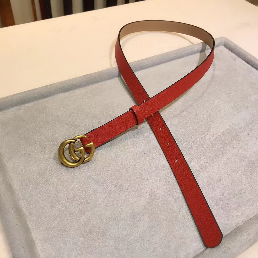 Gucci Unisex Marmont Reversible Thin Belt Red Leather Double G Buckle