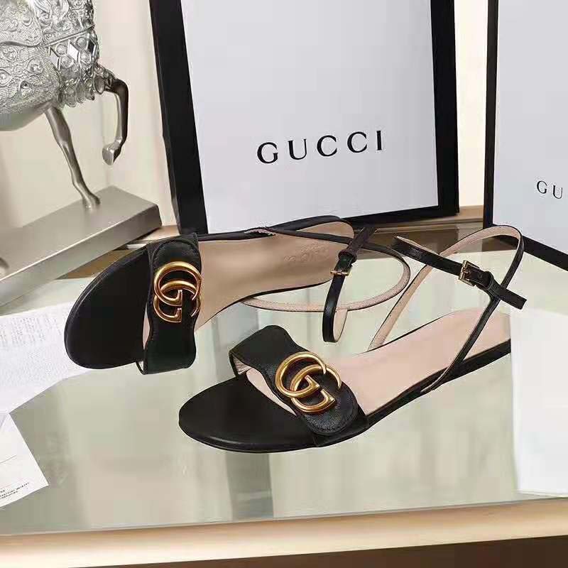Gucci Women Leather Sandal with Double G-Black