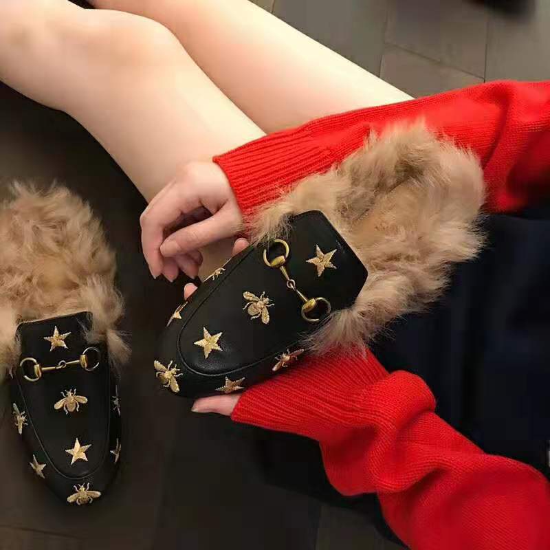 Gucci Unisex Princetown Embroidered Leather Slipper with Bees and Stars in Lamb Wool-Black