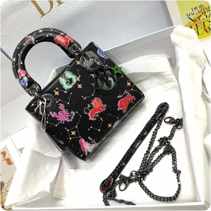 Dior Women CD Mini Lady Dior Bag Black Calfskin Multicolor Pixel Zodiac Print