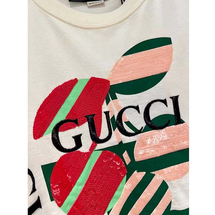 Gucci Women GG Cotton Jersey Printed T-Shirt Off White Cherry Sequin Embroidery