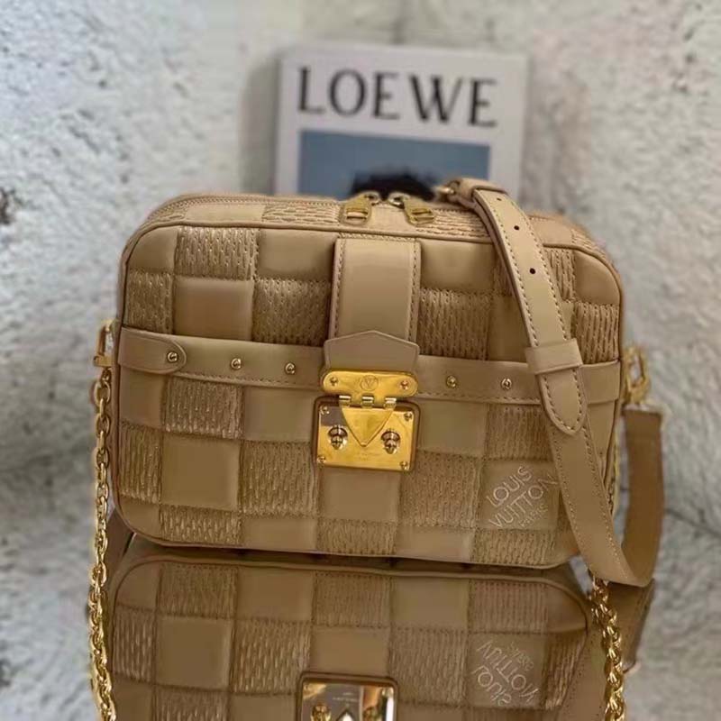 Louis Vuitton LV Women Troca MM Handbag Beige Damier Quilt Lambskin Calfskin
