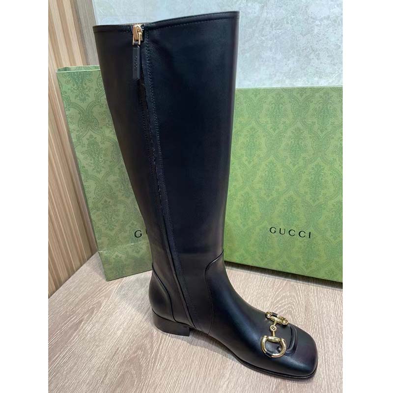 Gucci Women’s GG Knee-High Boot Horsebit Black Rubber Sole Low 4 Cm Heel