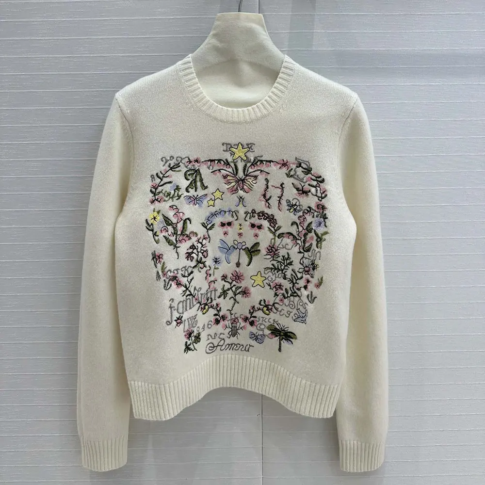 Dior Men Dioramour Embroidered Sweater Ecru Cashmere Knit with Multicolor Amour 1947 Motif