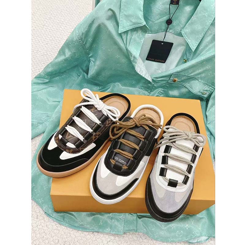 Louis Vuitton Women LV Lous Open-Back Sneaker Black Suede Calf Leather Double Laces