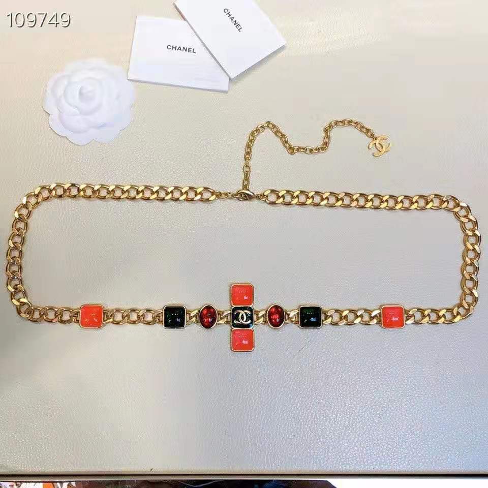 Chanel Women Metal & Resin Gold Green Burgundy & Pink Belt