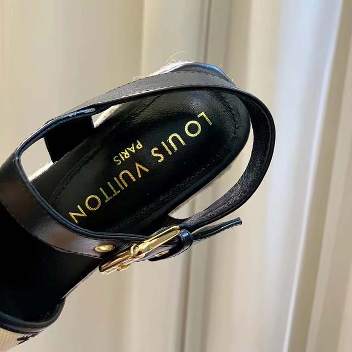 Louis Vuitton LV Women Starboard Wedge Sandal Black Monogram-Embroidered Cotton Rope Sole