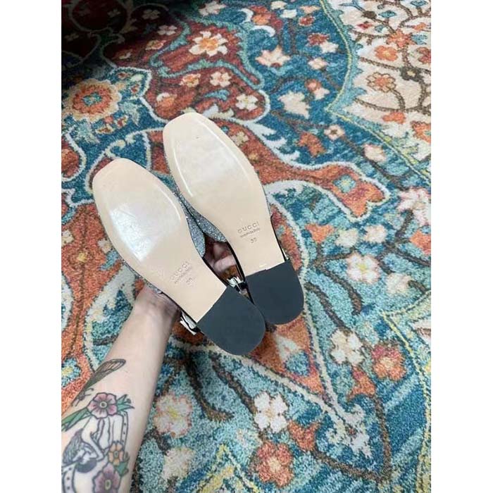 Gucci Women GG Double G Ballet Flat Black Glitter Leather Square Toe 1.5 CM Heel