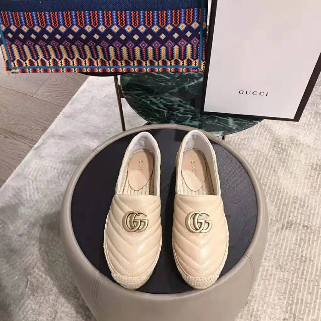 Gucci Women Leather Espadrille with Double G in Matelassé Chevron Leather-Sandy