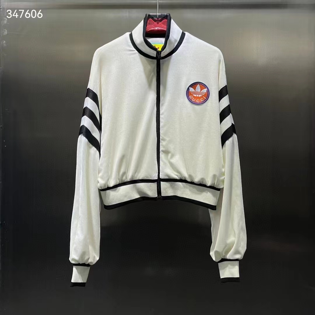 Gucci Women GG Adidas x Gucci Chenille Cropped Jacket Light Beige Cotton Chenille Trefoil