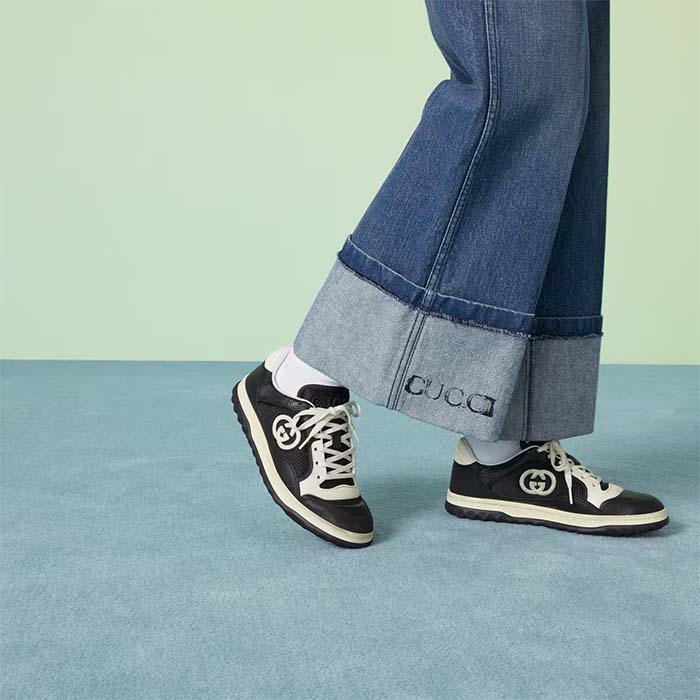 Gucci Unisex GG MAC80 Sneaker Black White Leather Round Toe Rubber Flat