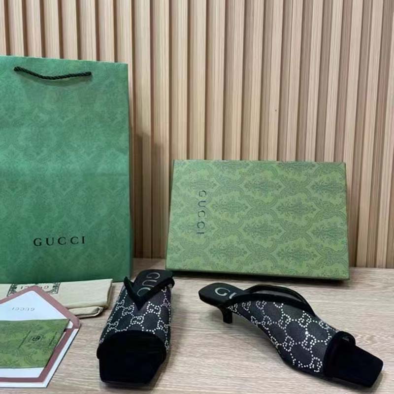 Gucci Women GG Sandal Pump Black Mesh GG Crystals Mid 8 cm Heel