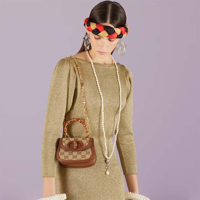 Gucci Women Bamboo 1947 Mini Top Handle Bag Beige Ebony Canvas GG Crystal