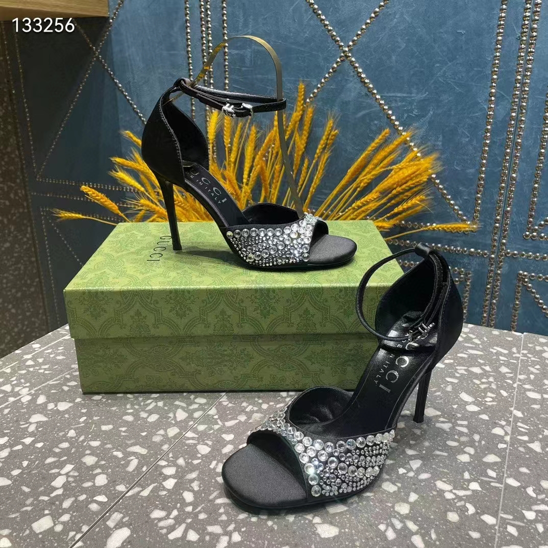 Gucci Women GG Mid-Heel Sandals Crystals Black Satin 11 CM Heel Double G