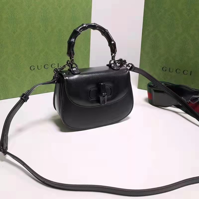 Gucci Women Bamboo 1947 Mini Top Handle Bag Black Leather Bamboo Hardware