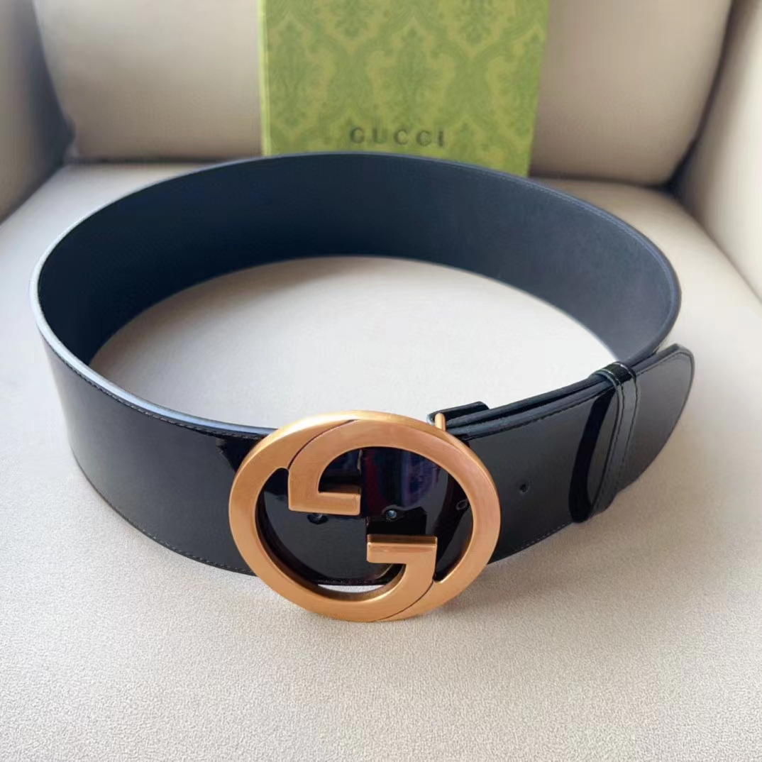 Gucci Unisex GG Blondie Wide Belt Black Leather Round Interlocking G 5 CM Width