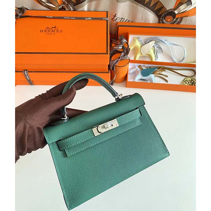 Hermes Women Mini Kelly 20 Bag Epsom Leather Silver Hardware-Green